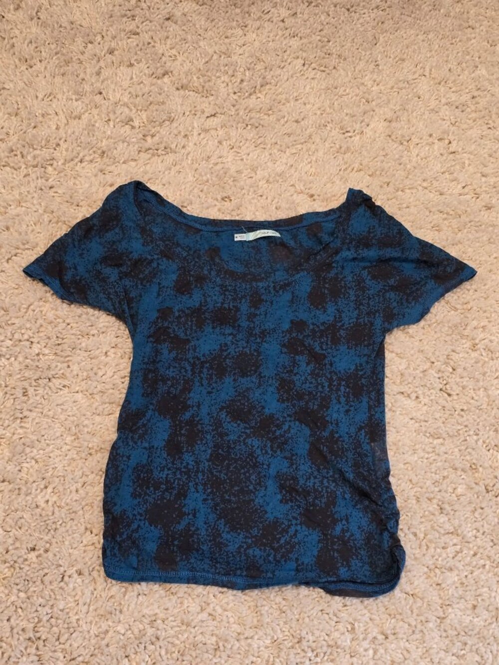 Maurices Women's Medium Blue Black Abstract Print Short Sleeve Tunic Top Ruched